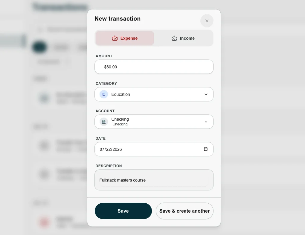 FinTracker new transaction form showing fields for amount, category, description and account