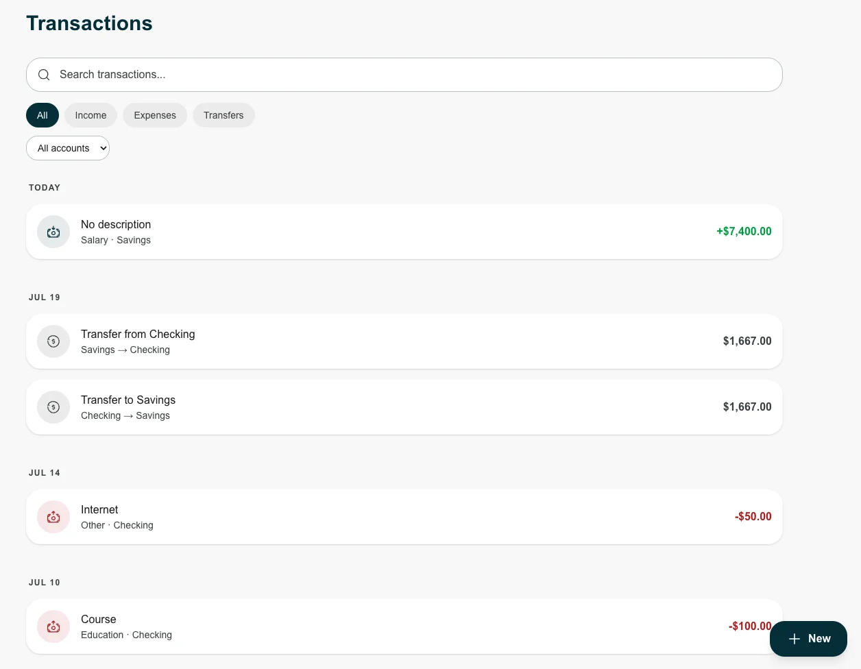 FinTracker transactions list showing transactions with filters