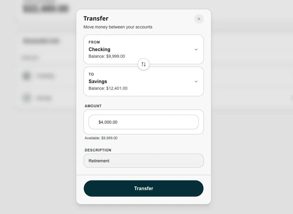 FinTracker transfer between accounts screen showing transfer form